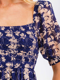 WOMEN'S SHORT SLEEVE SMOCK RUFFLE TIERED LEAF PRINT MIDI DRESS