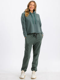 WOMEN'S LONG SLEEVE RAW EDGE HOODED PULLOVER SWEATER