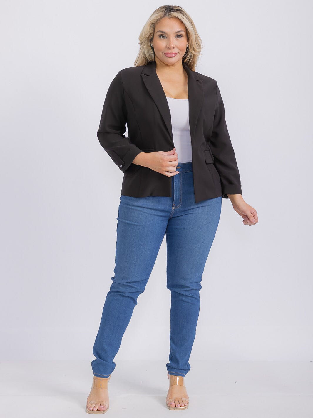 PLUS SIZE LONG SLEEVE OPEN FRONT BLAZER
