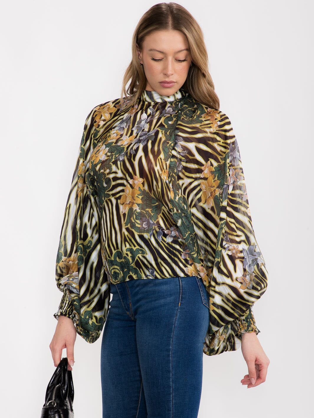WOMEN'S LONG BALLON SLEEVE MOCK NECK MULTI PRINT BLOUSE