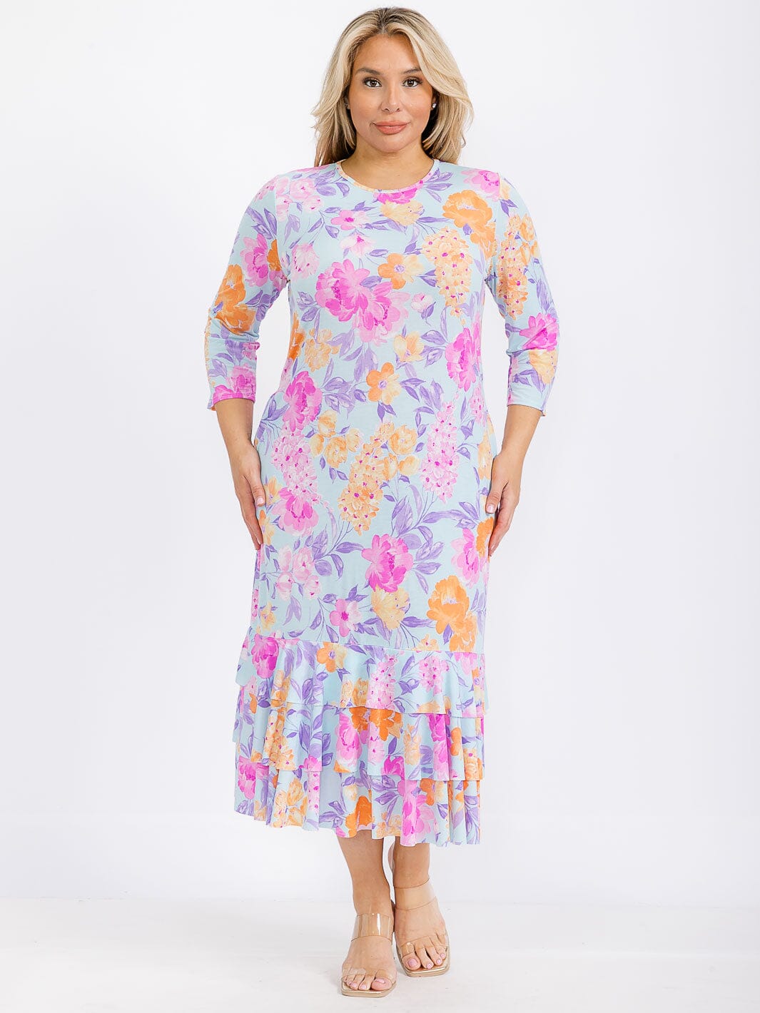 PLUS SIZE 3/4 SLEEVE FRONT POCKETS FLORAL RUFFLE TIERED HEM MAXI DRESS