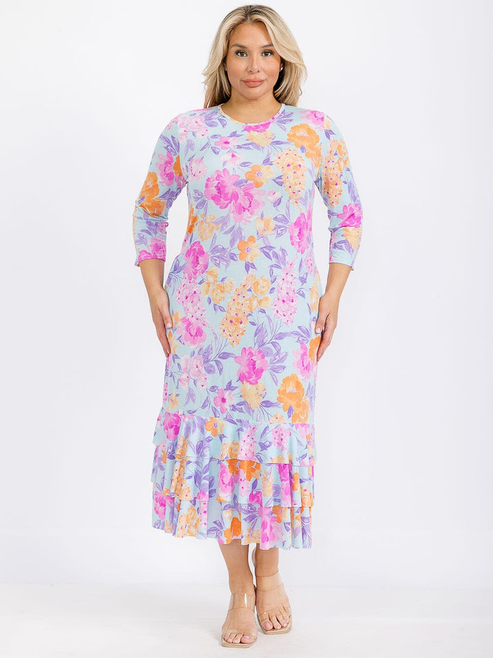 PLUS SIZE 3/4 SLEEVE FRONT POCKETS FLORAL RUFFLE TIERED HEM MAXI DRESS