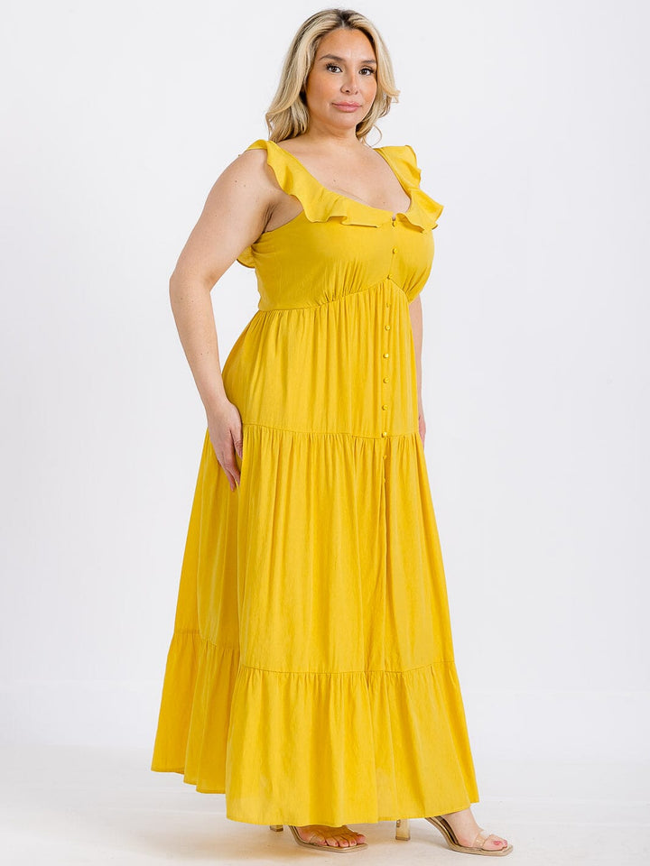 PLUS SIZE SLEEVELESS BUTTONS TIERED RUFFLE MAXI DRESS