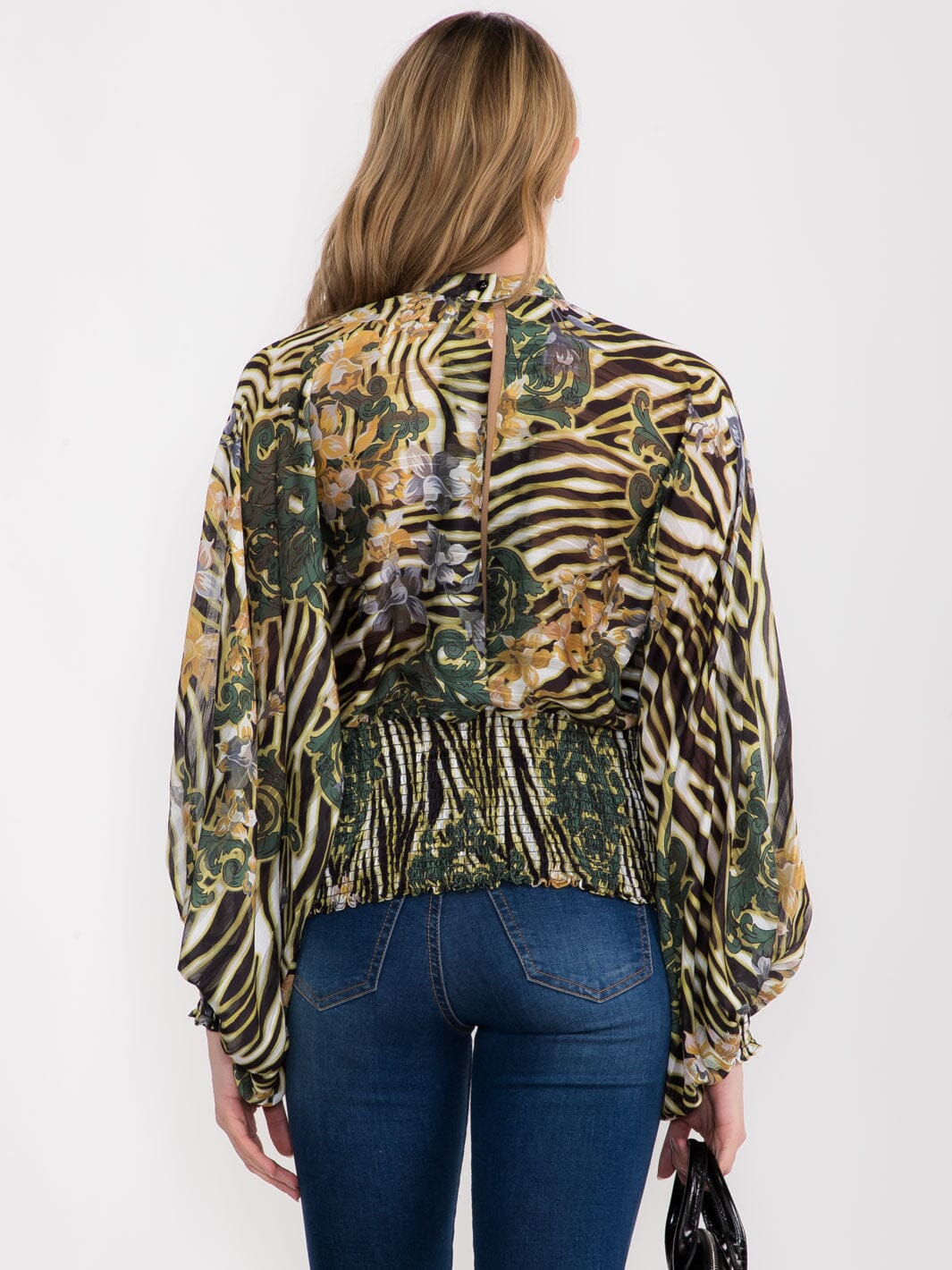 WOMEN'S LONG BALLON SLEEVE MOCK NECK MULTI PRINT BLOUSE