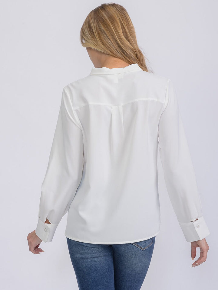 WOMEN'S LONG SLEEVE V-NECK SCARF DETAILED BLOUSE