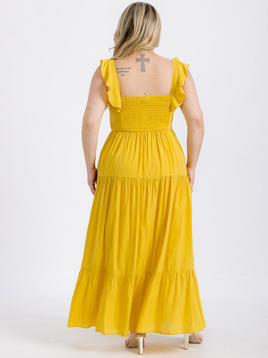 PLUS SIZE SLEEVELESS BUTTONS TIERED RUFFLE MAXI DRESS