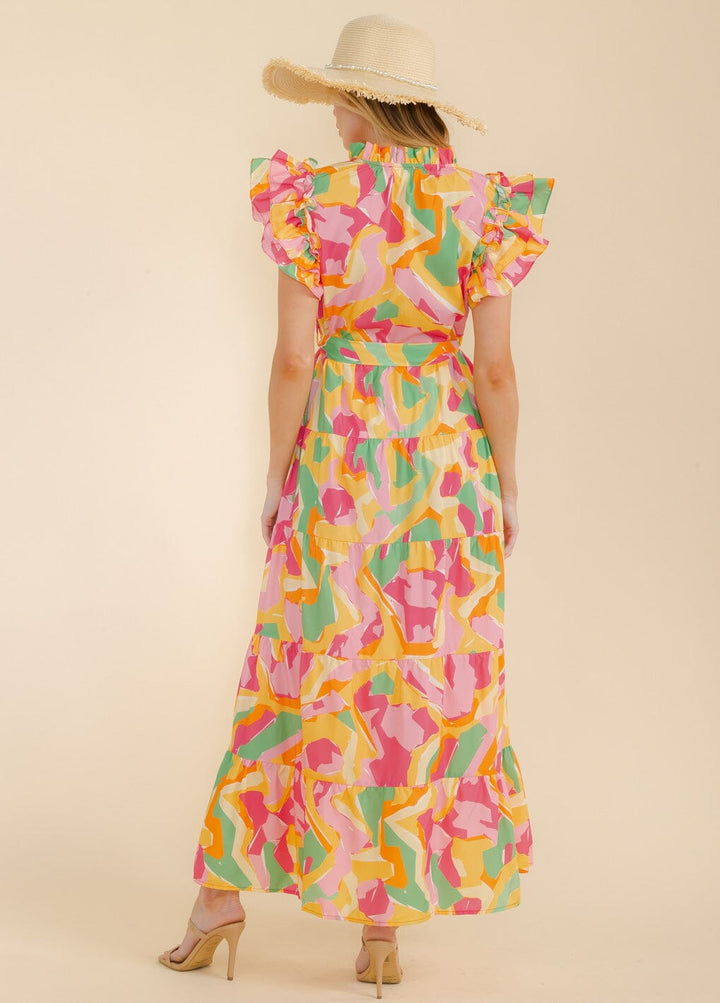 WOMEN'S RUFFLE SLEEVE V-NECK TIERED POCKETS MULTI PRINT MAXI DRESS