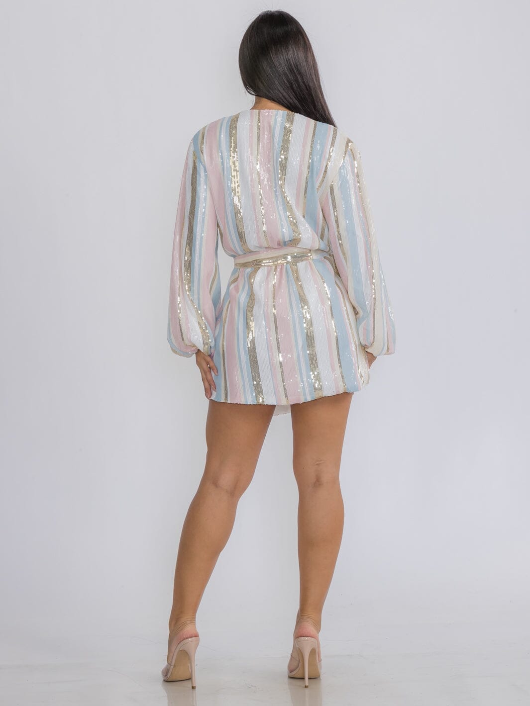 WOMEN'S LONG SLEEVE SEQUINS COLORBLOCK WRAP MINI DRESS