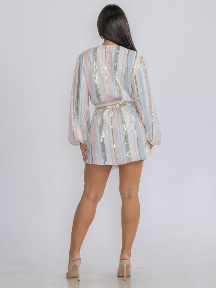 WOMEN'S LONG SLEEVE SEQUINS COLORBLOCK WRAP MINI DRESS