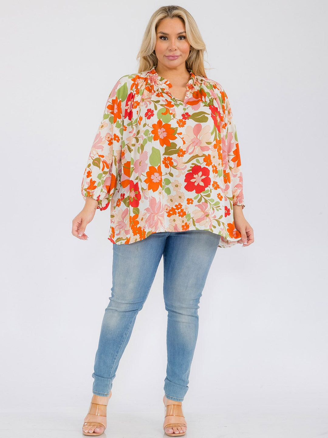 PLUS SIZE LONG SLEEVE V-NECK RUFFLE TUNIC FLORAL BLOUSE TOP