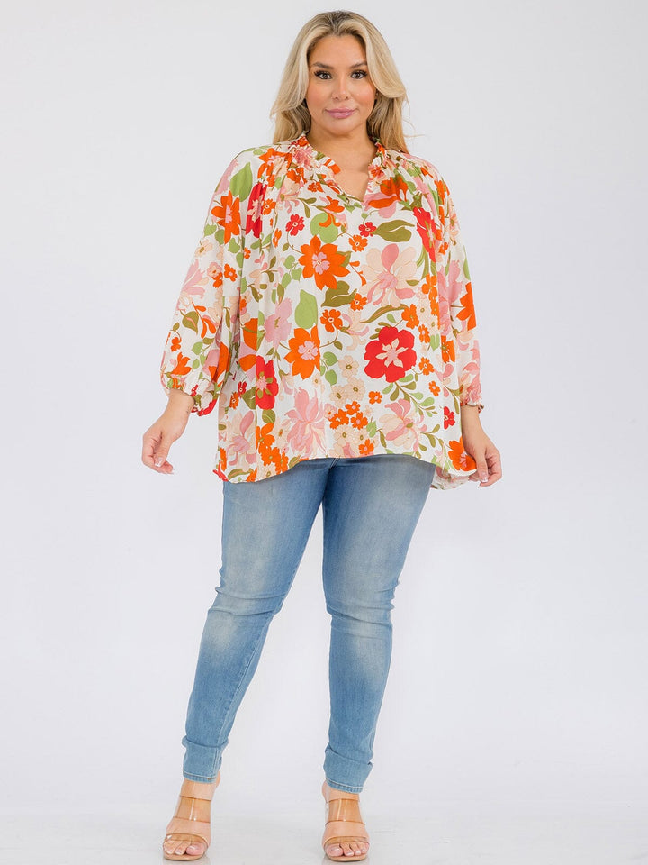 PLUS SIZE LONG SLEEVE V-NECK RUFFLE TUNIC FLORAL BLOUSE TOP