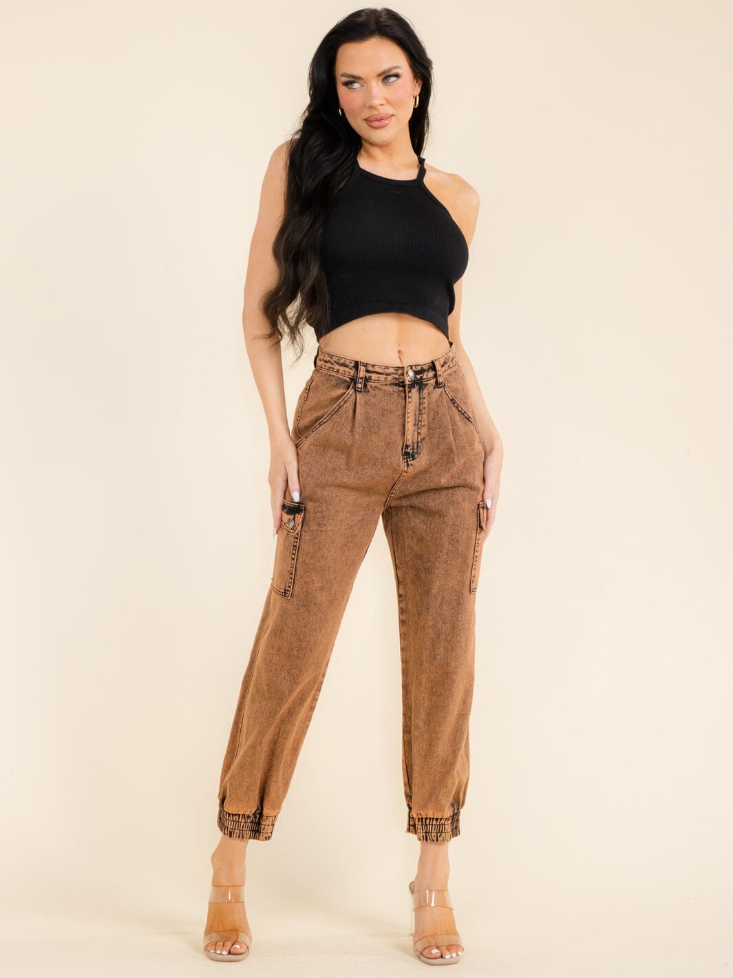 WOMEN'S BUTTON CLOSURE FRONT POCKETS WASHED JOGGER DENIM PANTS