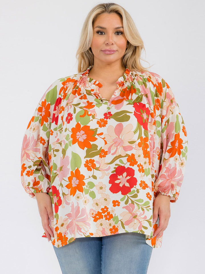 PLUS SIZE LONG SLEEVE V-NECK RUFFLE TUNIC FLORAL BLOUSE TOP