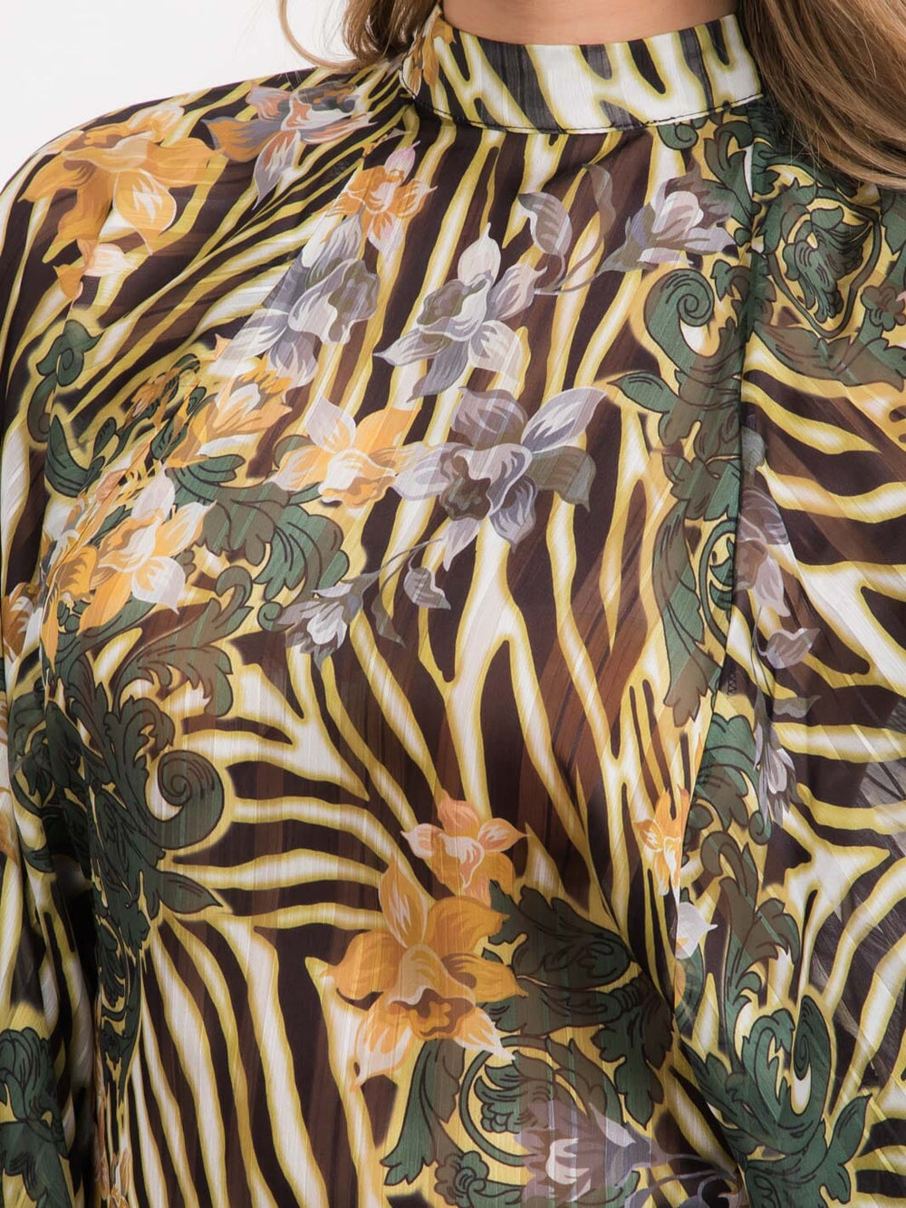 WOMEN'S LONG BALLON SLEEVE MOCK NECK MULTI PRINT BLOUSE