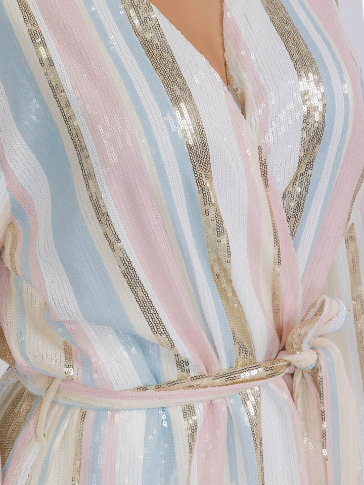 WOMEN'S LONG SLEEVE SEQUINS COLORBLOCK WRAP MINI DRESS