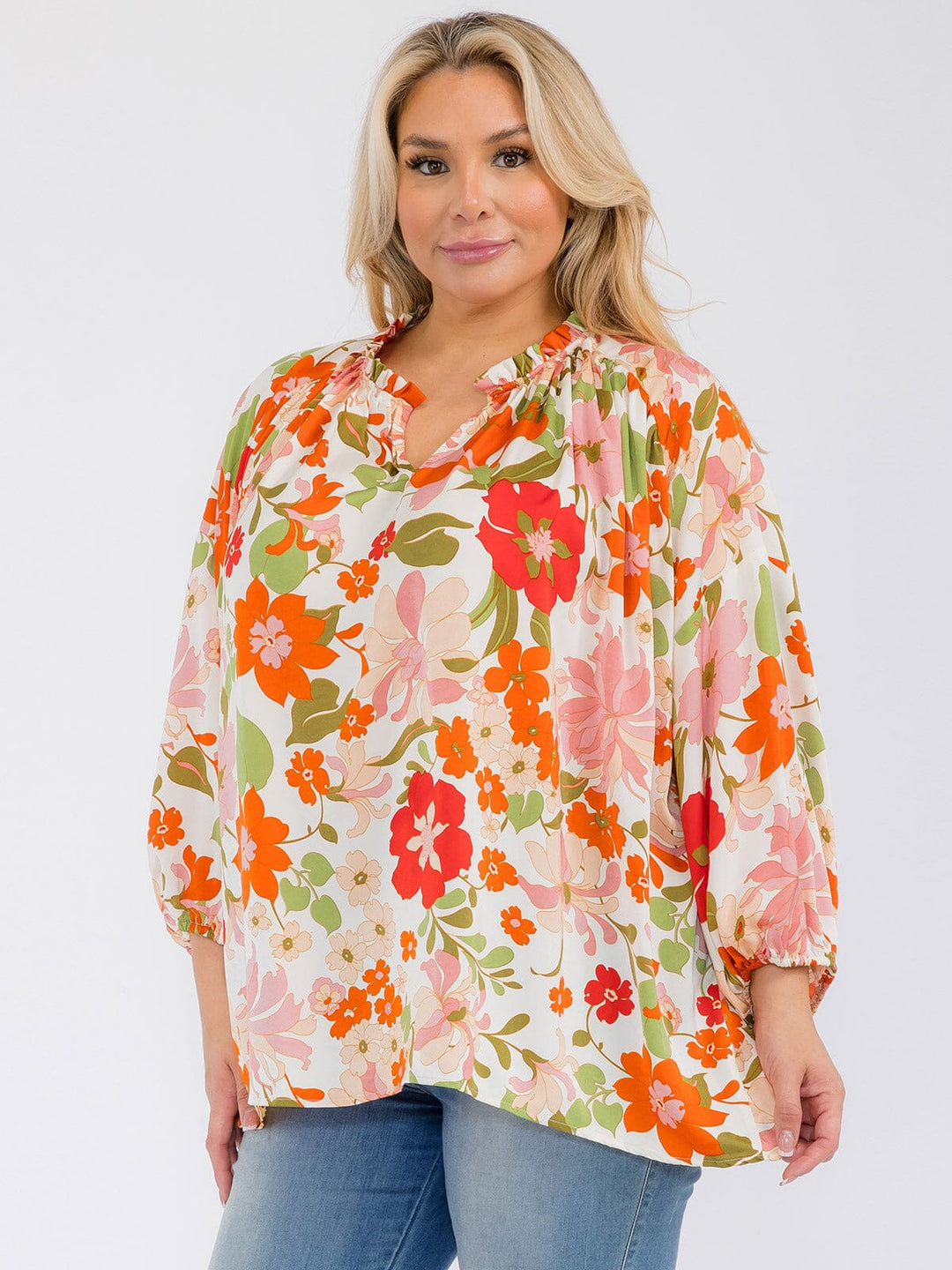 PLUS SIZE LONG SLEEVE V-NECK RUFFLE TUNIC FLORAL BLOUSE TOP