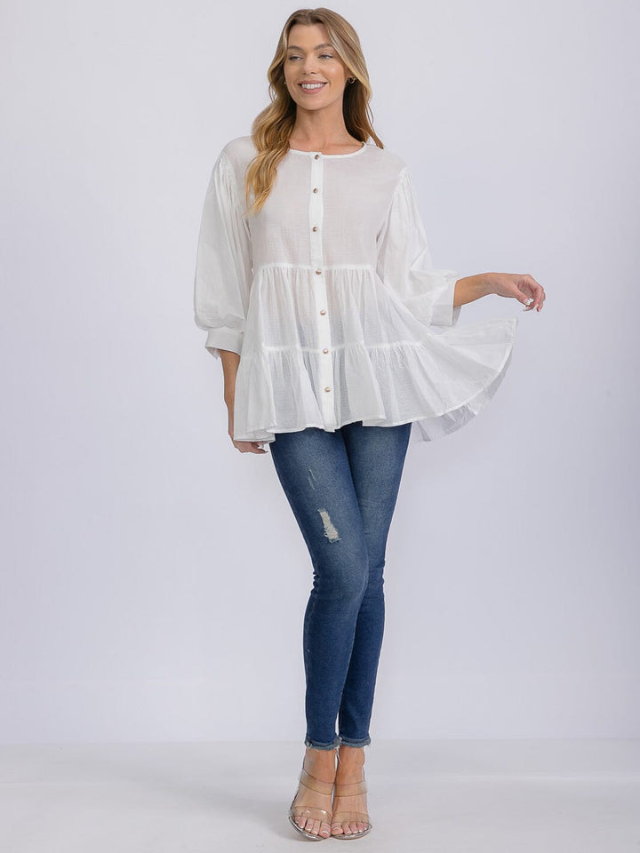 WOMEN'S 3/4 SLEEVE BUTTON UP TIERED TUNIC BLOUSE
