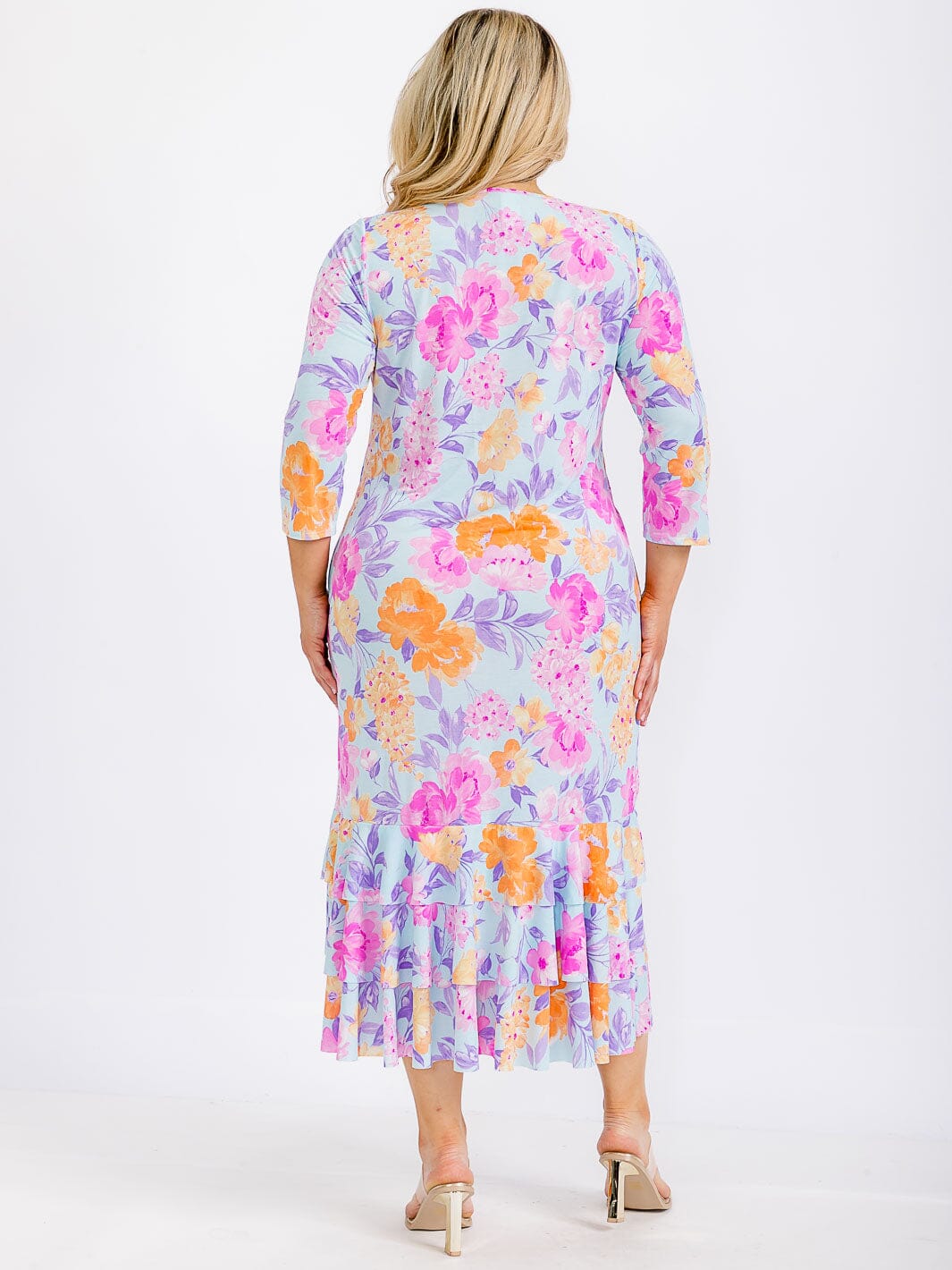 PLUS SIZE 3/4 SLEEVE FRONT POCKETS FLORAL RUFFLE TIERED HEM MAXI DRESS