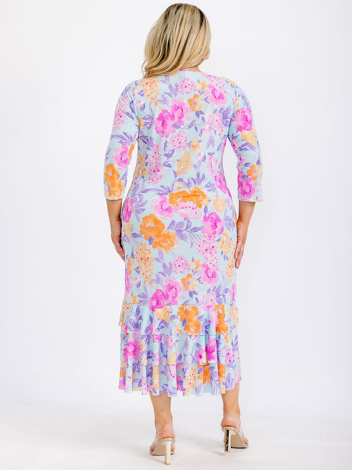 PLUS SIZE 3/4 SLEEVE FRONT POCKETS FLORAL RUFFLE TIERED HEM MAXI DRESS