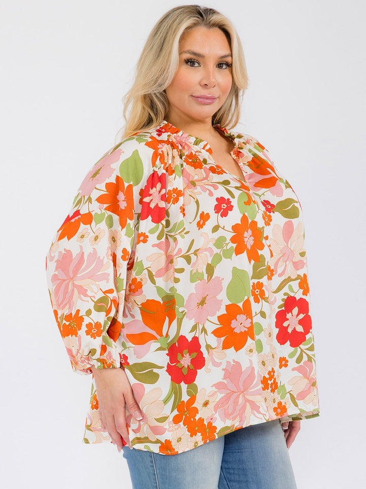 PLUS SIZE LONG SLEEVE V-NECK RUFFLE TUNIC FLORAL BLOUSE TOP