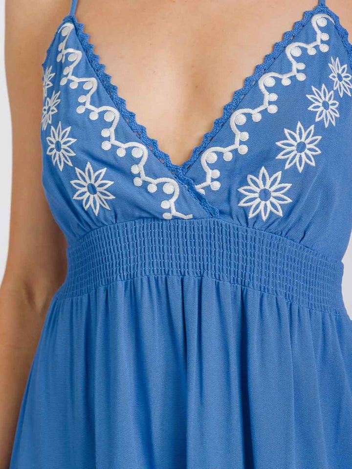 WOMEN'S SLEEVELESS V-NECK ELASTIC WAIST TIERED OPEN BACK EMBROIDERY MAXI DRESS