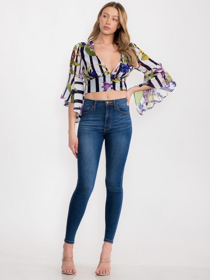 WOMEN'S 3/4 RUFFLE SLEEVE V-NECK FLORAL PRINT CROP TOP