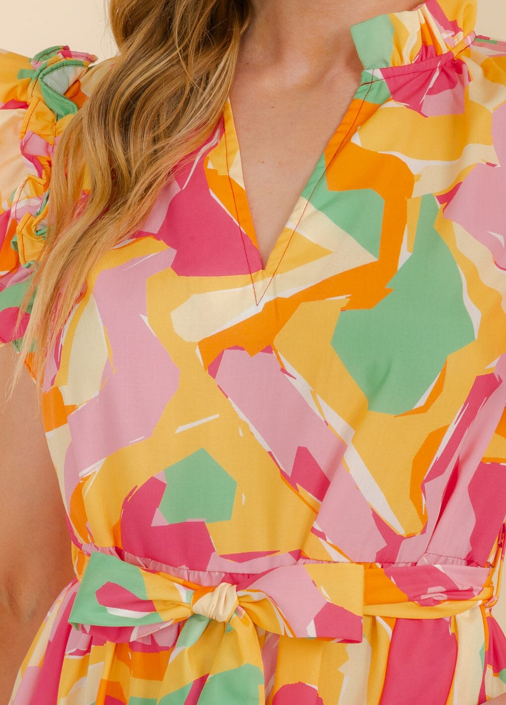 WOMEN'S RUFFLE SLEEVE V-NECK TIERED POCKETS MULTI PRINT MAXI DRESS