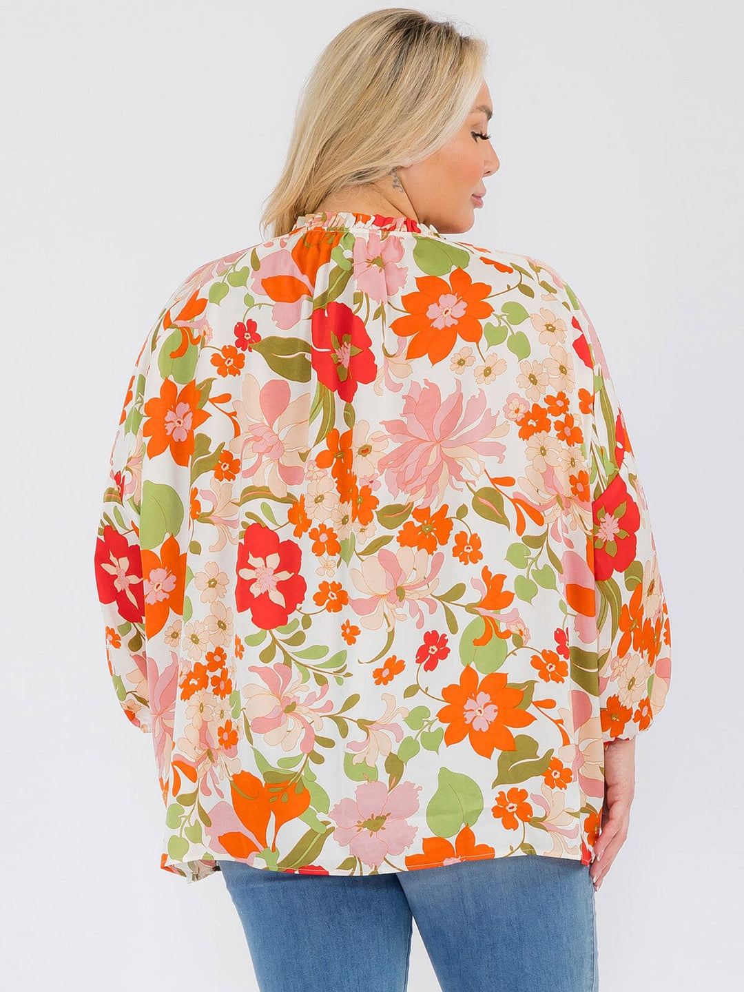 PLUS SIZE LONG SLEEVE V-NECK RUFFLE TUNIC FLORAL BLOUSE TOP