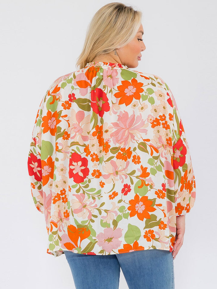PLUS SIZE LONG SLEEVE V-NECK RUFFLE TUNIC FLORAL BLOUSE TOP