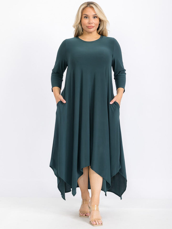 PLUS SIZE 3/4 SLEEVE FRONT POCKETS HIGH-LOW MAXI DRESS