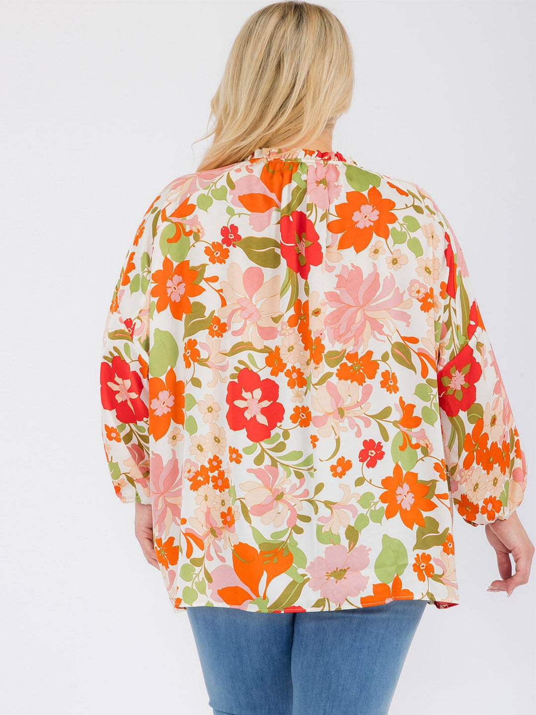 PLUS SIZE LONG SLEEVE V-NECK RUFFLE TUNIC FLORAL BLOUSE TOP