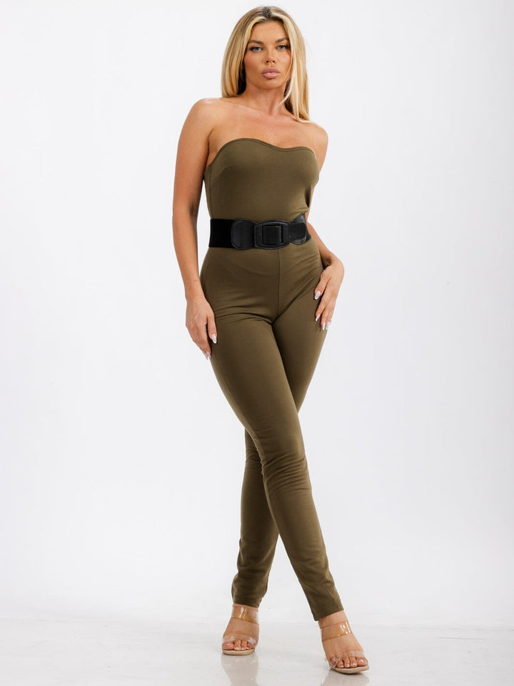 WOMEN'S SLEEVELESS BODYCON BELTED SOLID SKINNY LEG JUMPSUIT