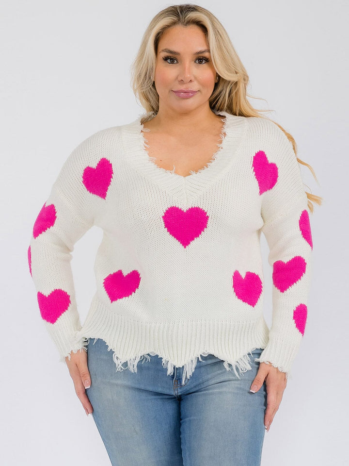 PLUS SIZE LONG SLEEVE V-NECK TRIM DETAILED HEARTS PRINT PULLOVER SWEATER