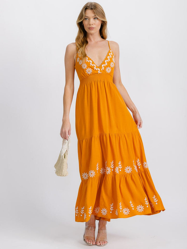 WOMEN'S SLEEVELESS V-NECK ELASTIC WAIST TIERED OPEN BACK EMBROIDERY MAXI DRESS