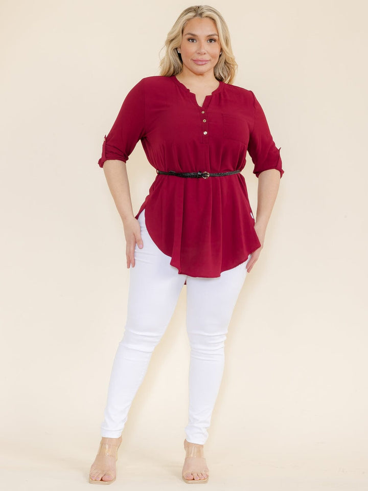 PLUS SIZE 3/4 SLEEVELESS BUTTON UP BELTED TUNIC BLOUSE