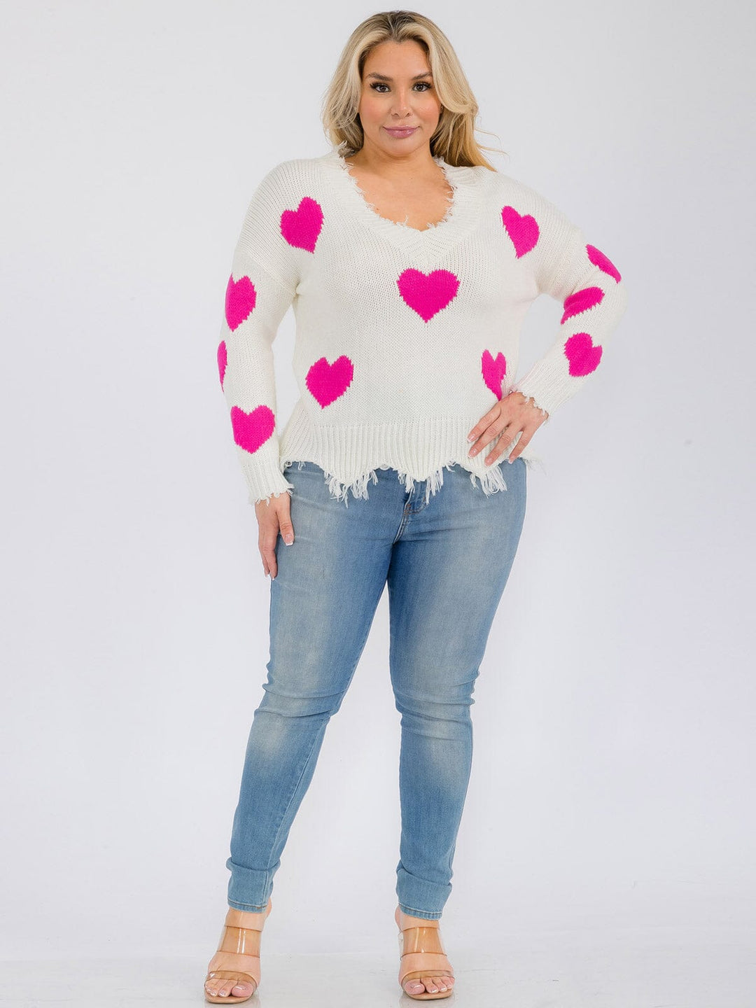 PLUS SIZE LONG SLEEVE V-NECK TRIM DETAILED HEARTS PRINT PULLOVER SWEATER