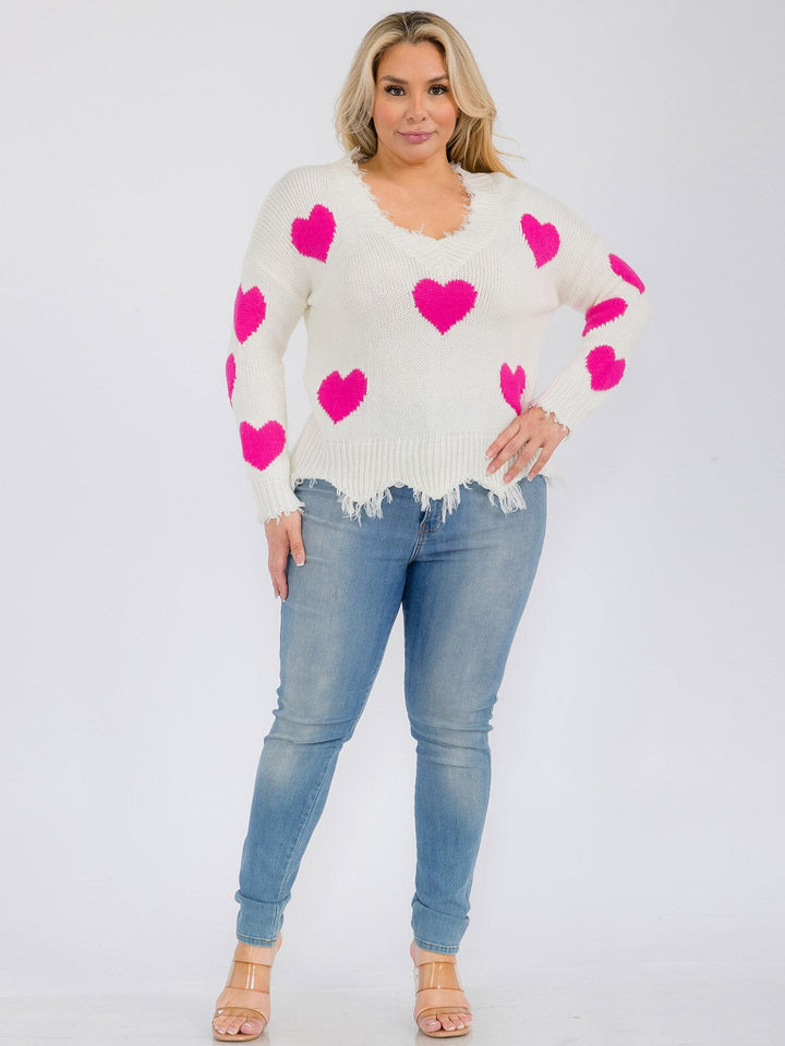 PLUS SIZE LONG SLEEVE V-NECK TRIM DETAILED HEARTS PRINT PULLOVER SWEATER