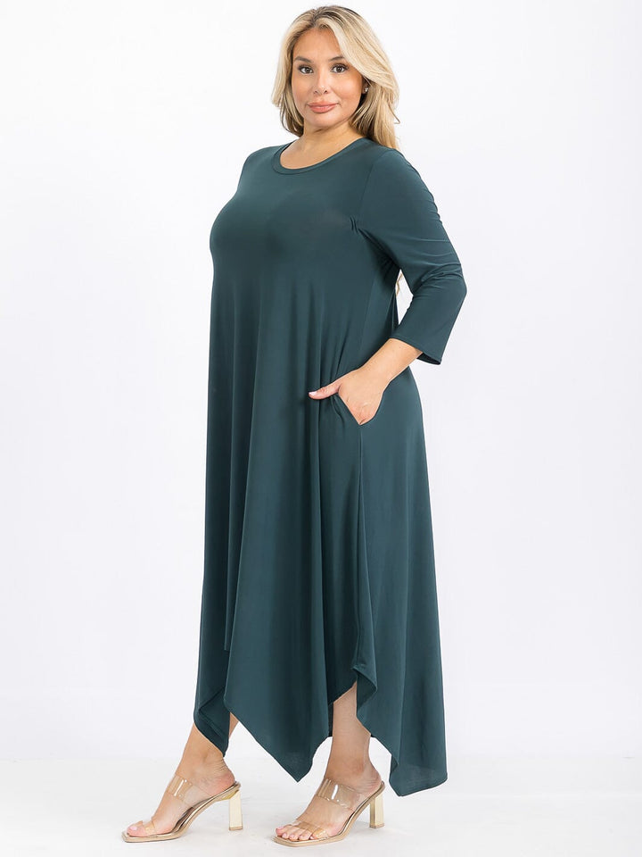 PLUS SIZE 3/4 SLEEVE FRONT POCKETS HIGH-LOW MAXI DRESS