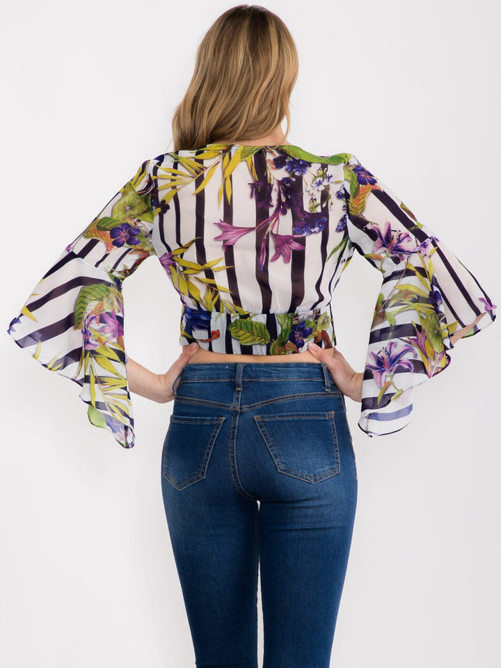 WOMEN'S 3/4 RUFFLE SLEEVE V-NECK FLORAL PRINT CROP TOP