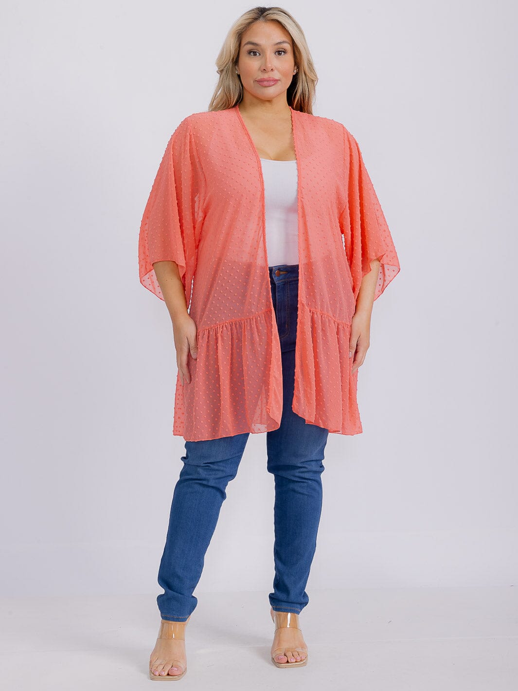 PLUS SIZE SHORT SLEEVE OPEN FRONT SWISS DETAILED CARDIGAN