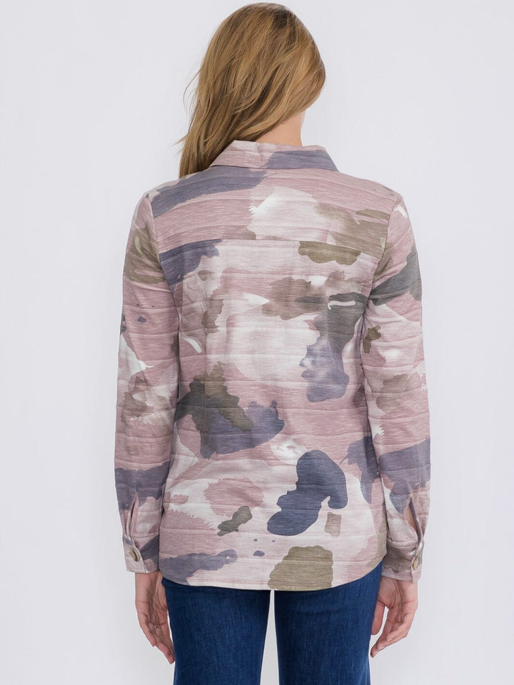 WOMEN'S LONG SLEEVE BUTTON CLOSURE POCKETS CAMO PRINT TOP