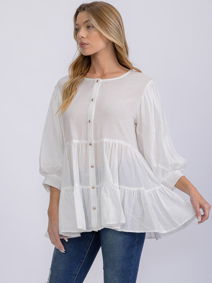 WOMEN'S 3/4 SLEEVE BUTTON UP TIERED TUNIC BLOUSE
