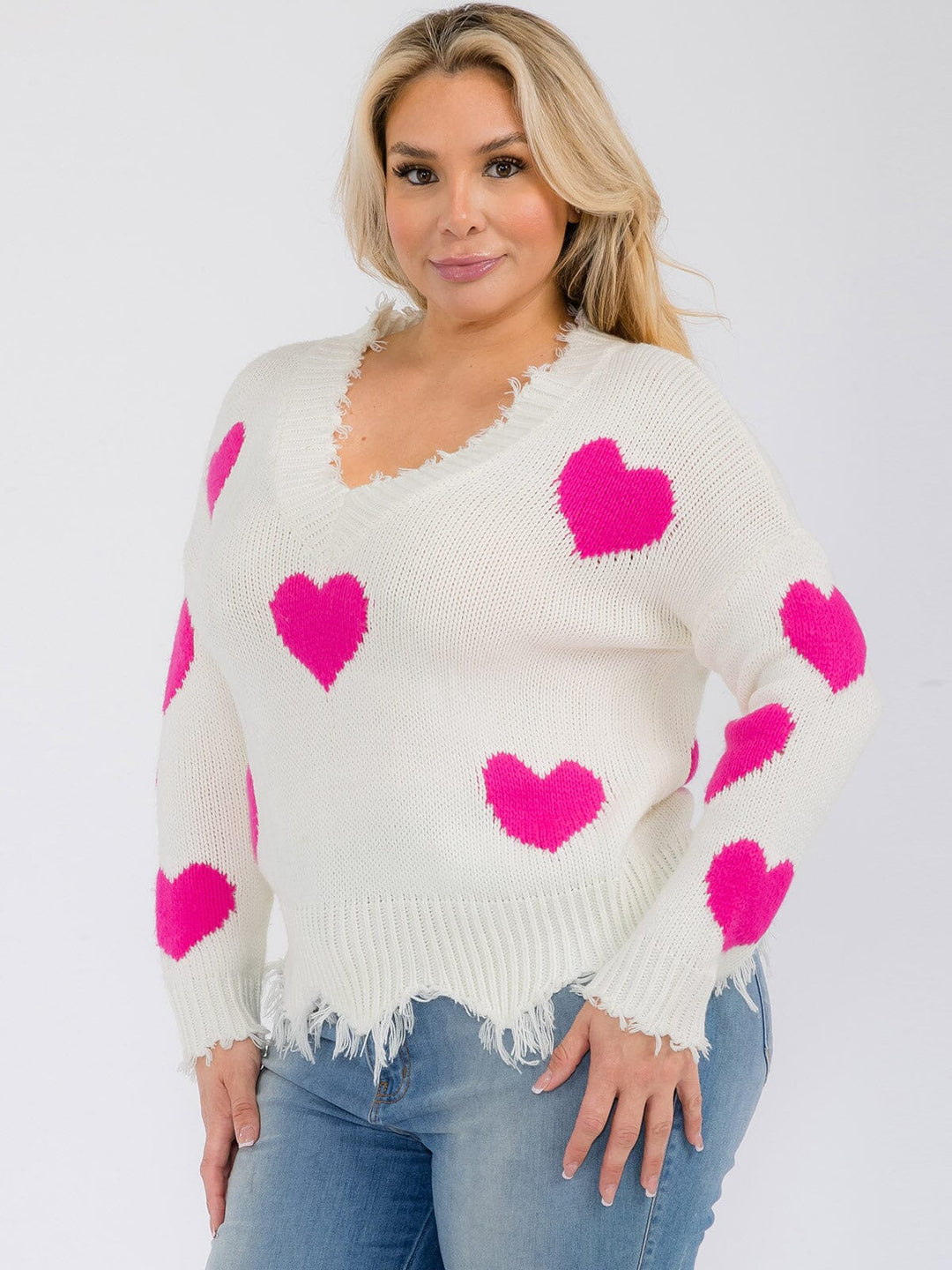 PLUS SIZE LONG SLEEVE V-NECK TRIM DETAILED HEARTS PRINT PULLOVER SWEATER