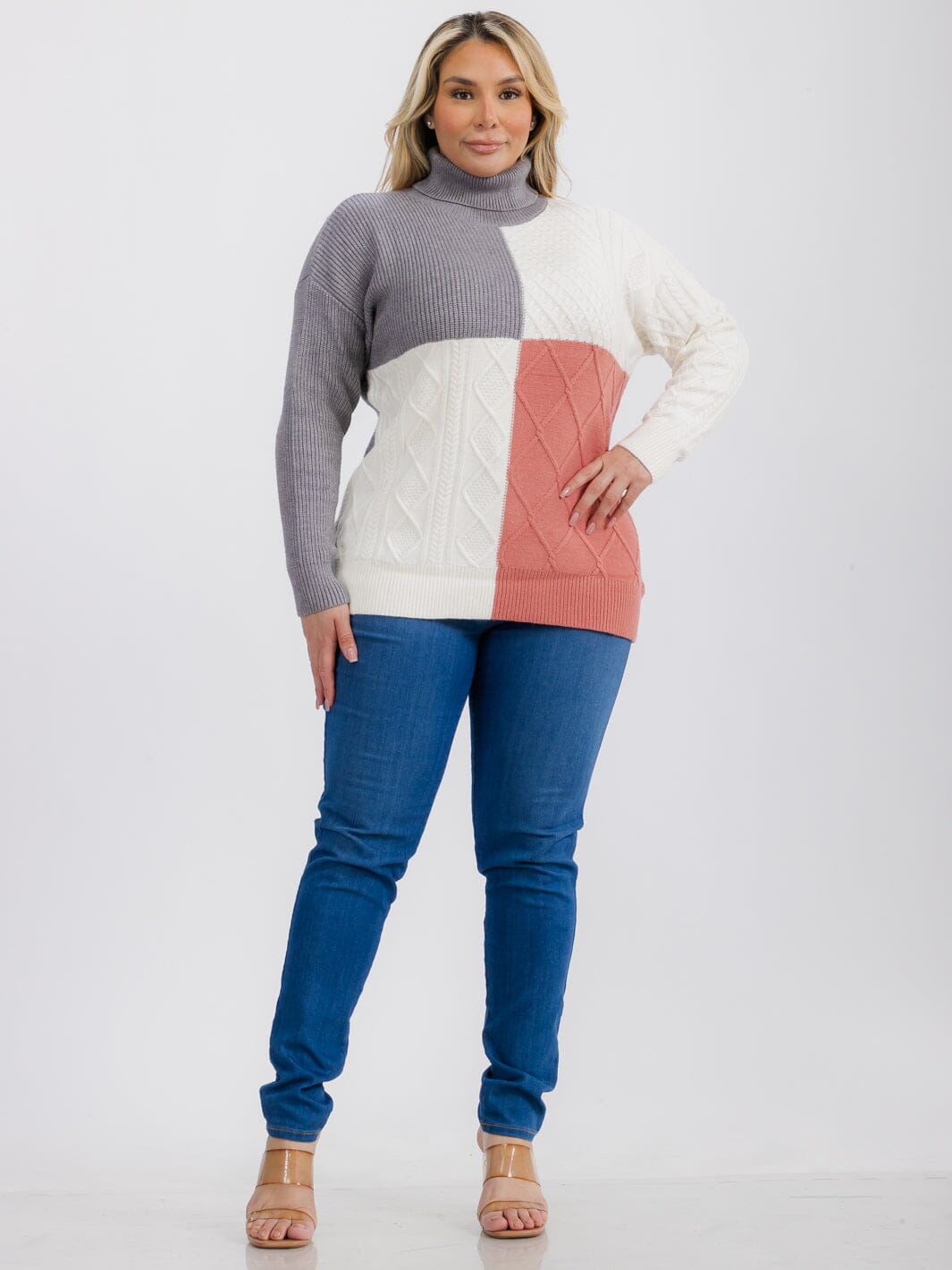 PLUS SIZE LONG SLEEVE TURTLE NECK DETAILED COLORBLOCK PULLOVER SWEATER