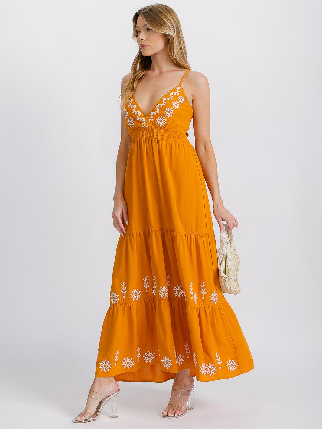 WOMEN'S SLEEVELESS V-NECK ELASTIC WAIST TIERED OPEN BACK EMBROIDERY MAXI DRESS