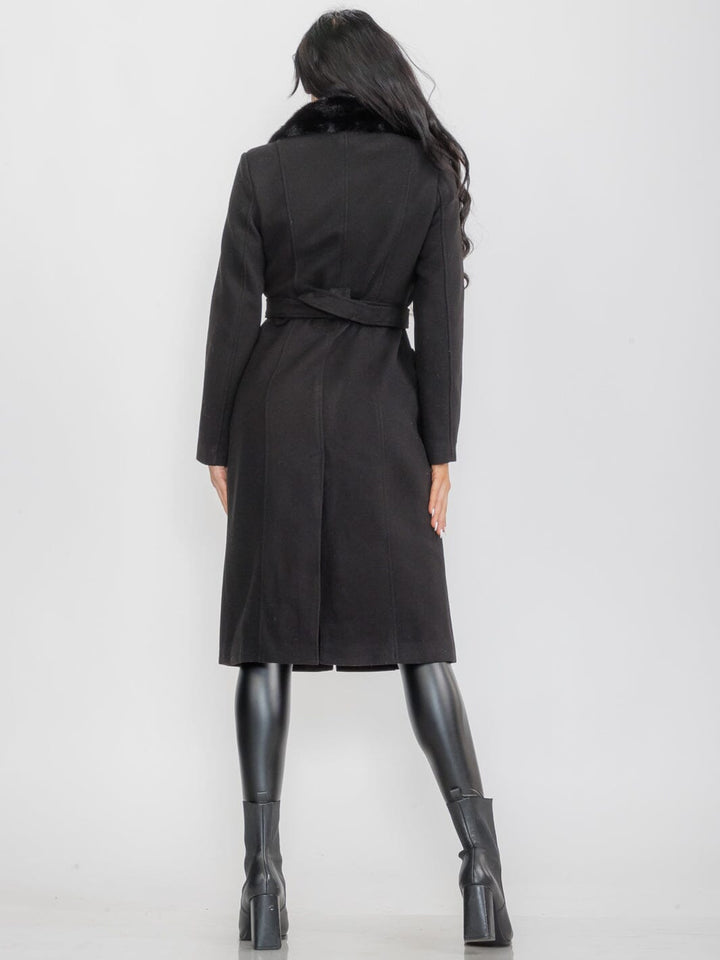 WOMEN'S LONG SLEEVE BUTTON CLOSURE FRONT POCKETS FAUX FUR COAT