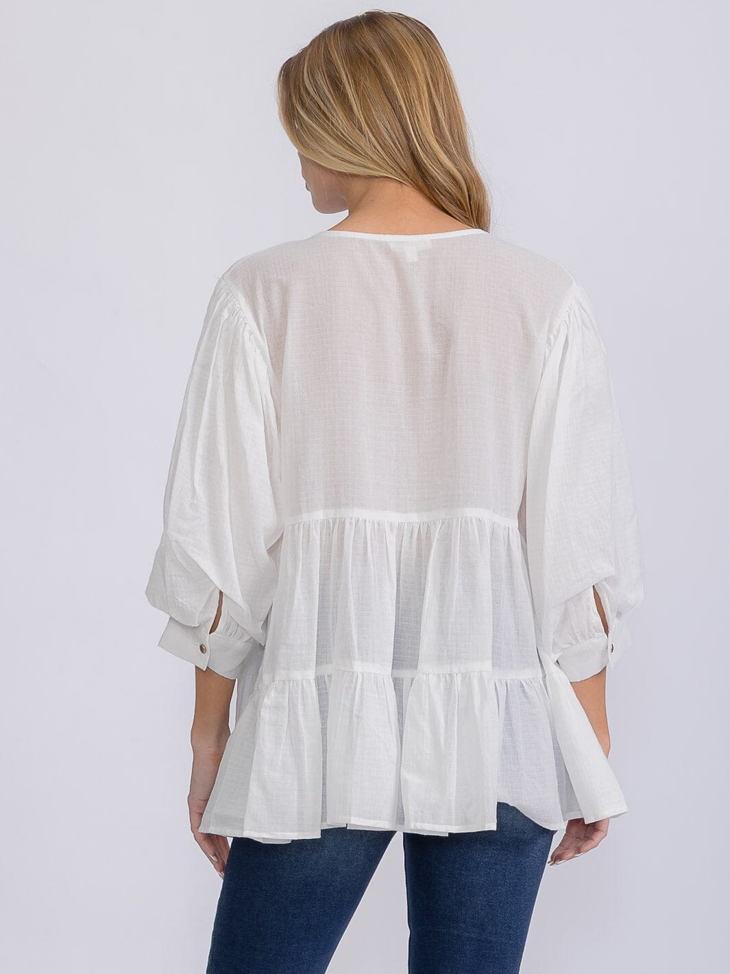 WOMEN'S 3/4 SLEEVE BUTTON UP TIERED TUNIC BLOUSE