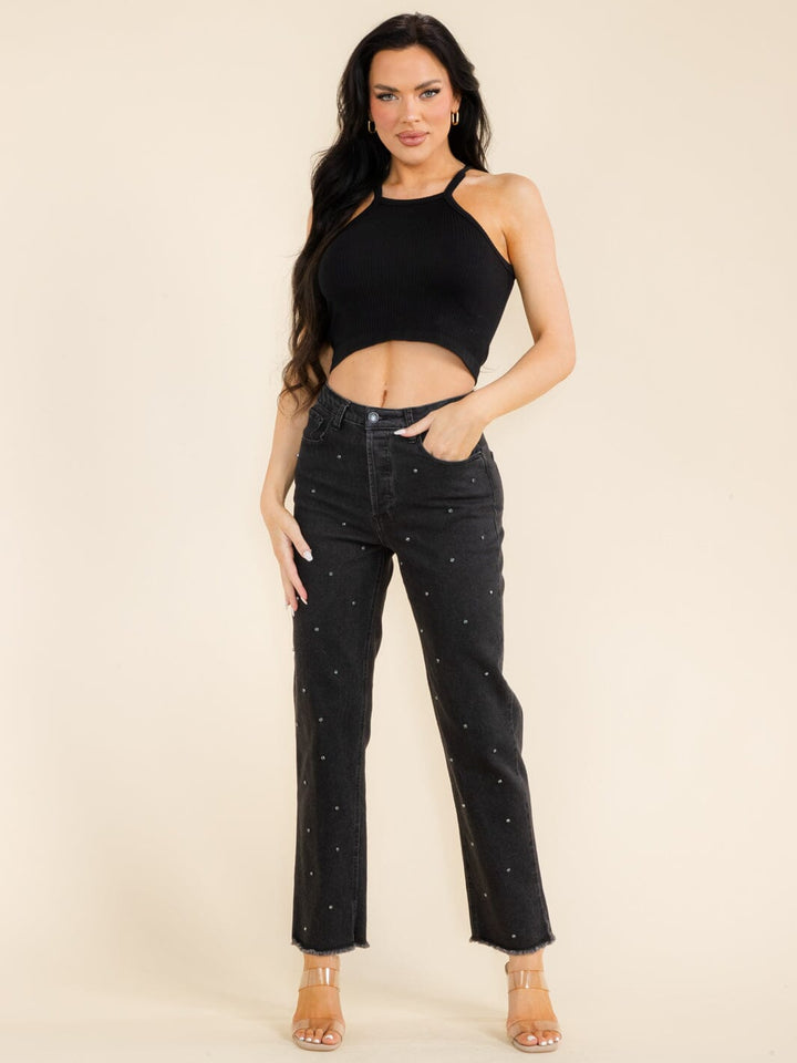 WOMEN'S BUTTON CLOSURE POCKETS STUDS DETAILED WIDE LEG DENIM PANTS
