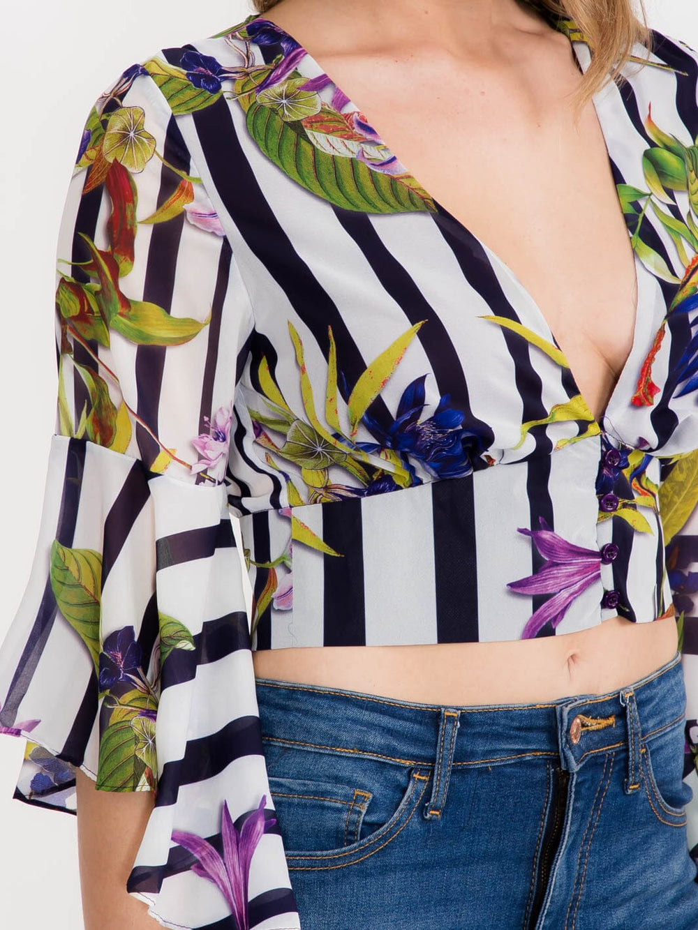 WOMEN'S 3/4 RUFFLE SLEEVE V-NECK FLORAL PRINT CROP TOP