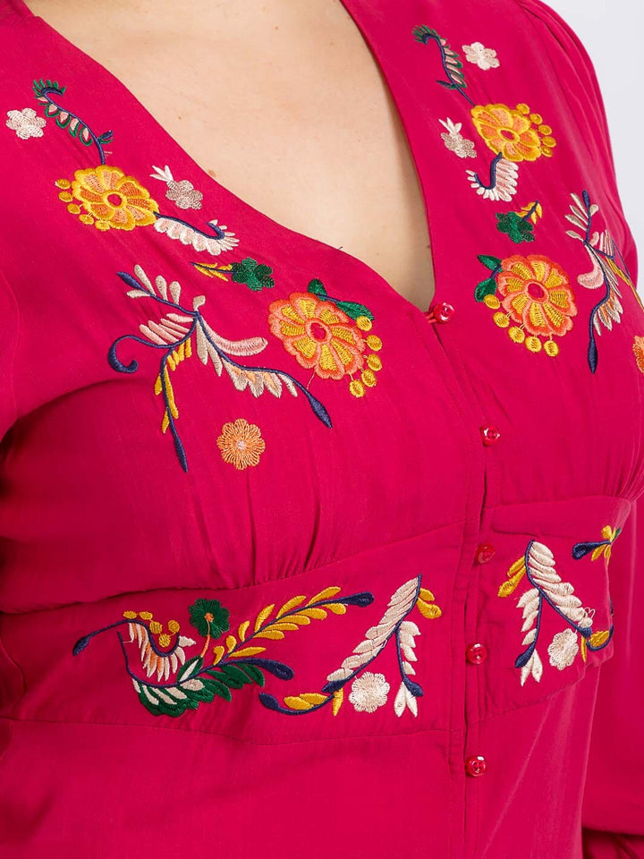 PLUS SIZE LONG SLEEVE BUTTON UP EMBROIDERY DETAILED MINI DRESS